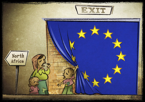 Cartoon: Exit (medium) by Giacomo tagged europe,war,libya,africa,north,tent,wall,refugees,policy,welcome,output,cardelli,giacomo
