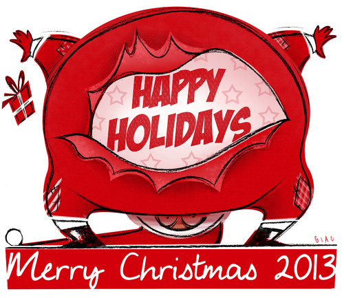 Cartoon: Merry Christmas 2013 (medium) by Giacomo tagged happy,holidays,native,santa,claus,gifts,pants,tear,patches,james,cardelli,giac