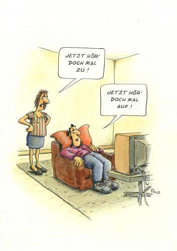 Cartoon: Auf und Zu (medium) by POLO tagged mann,frau,man,woman,kommunikation,mann,frau,kommunikation,beziehung,paar,pärchen,wohnzimmer,streit,diskussion,geschlechter,verstehen,verständnis,unterhaltung,verständigung,tv,fernsehen,aufhören,zuhören,hören,aufmerksamkeit,floskeln,gestresst,genervt,nerven,stressen,auseinandersetzung,meckern