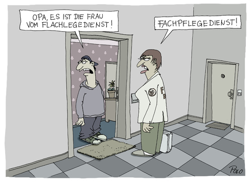 Cartoon: Flachlegedienst (medium) by POLO tagged pflegedienst,großvater,opa,enkel,missverständnis,haustür,pflegedienst,großvater,opa,enkel,missverständnis,haustür