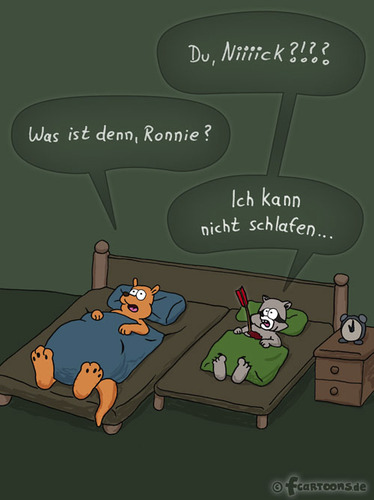 Cartoon: Du - Niiiick (medium) by Frank Zimmermann tagged arrow,bed,bedtime,cartoon,fcartoons,kangaroo,nick,night,raccoon,ronnie,bett,blut,känguru,pfeil,schlafen