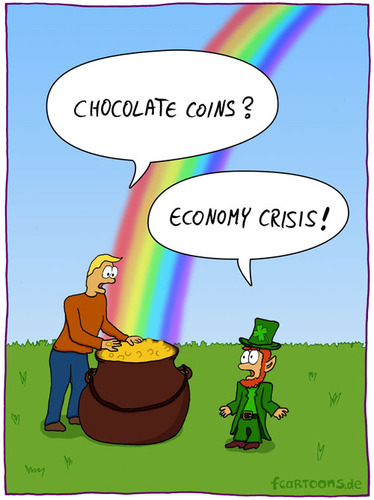 Cartoon: economy crisis (medium) by Frank Zimmermann tagged gold,pot,rainbow,ireland,leprechaun,crisis,economy,wirtschaft,krise,regenbogen,kleeblatt,topf,schokolade