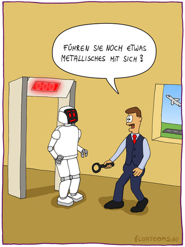 Cartoon: Flughafenkontrolle (medium) by Frank Zimmermann tagged flughafenkontrolle,kontrolleur,beamter,roboter,piep,flugzeug