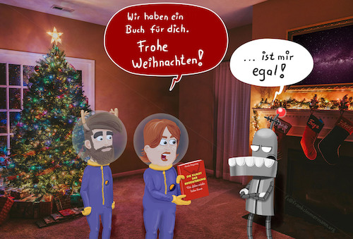 Cartoon: Frohe Weihnachten (medium) by Frank Zimmermann tagged dieneuewelt,robotski,roboter,weihnachten,christmas,xmas,present,gift,geschenk,robot,moody,helm,weihnachtsbaum,chimney,socks,weltraum,space,begeisterung