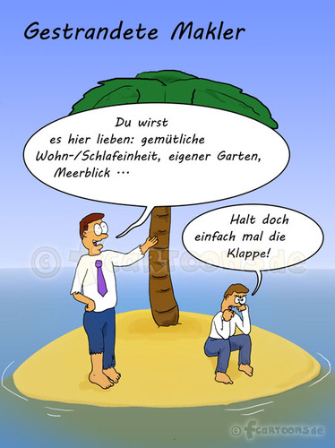 Cartoon: Gestrandete Makler (medium) by Frank Zimmermann tagged lustig,comic,versicherung,strand,schlips,meer,palme,makler,stranded,broker,palm,island,isle,cartoon,shut,up,sand,tie,shirt,insel