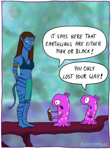 Cartoon: LOST YOUR WAY (medium) by Frank Zimmermann tagged lost,your,way,get,avatar,blue,pandora,alien,book,tree,bra,pink,black,cartoon
