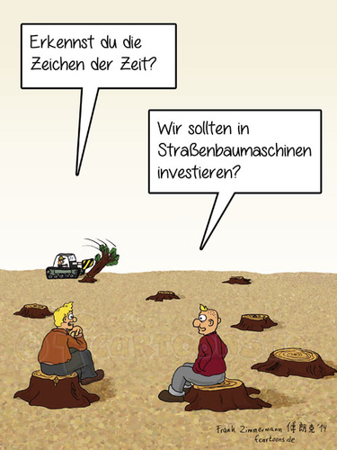 Cartoon: Maschinen (medium) by Frank Zimmermann tagged maschinen,wüste,urwald,umweltschutz,umweltvernichtung,sitzen,baumstamm,baumstumpf,tree,environment,glatze,maschine