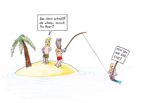 Cartoon: Meerjungfrau (medium) by Frank Zimmermann tagged meerjungfrau,mermaid,insel,einsam,männer,frau,man,woman,island,palm,palme,ocean