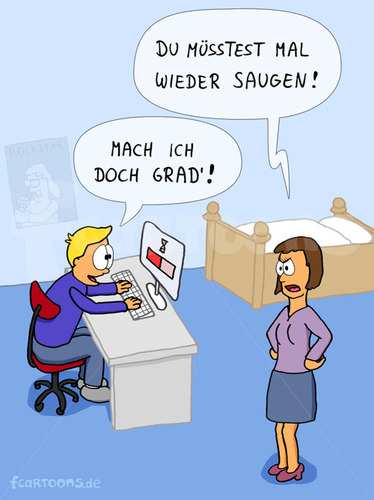 Cartoon: Mutter und Sohn (medium) by Frank Zimmermann tagged mutter,sohn,computer,cartoon,eltern,bett,poster,saugen,tisch,bildschirm