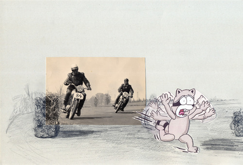 Cartoon: Oh Ronnie (medium) by Frank Zimmermann tagged karte,collage,schrei,schreien,scream,fear,angst,weiß,schwarz,bike,motorrad,fliehen,run,rennen,fcartoons,cartoon,postkarte,waschbär,ronnie,oh