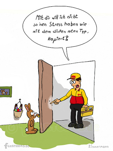 Cartoon: Paketbote beim Osterhase (medium) by Frank Zimmermann tagged bote,bunny,cartoon,christmas,dhl,door,easter,funny,mailman,open,package,hase,osterhase,ostern,paket,postbote,päckchen,schreien,treppenhaus,tür,offen,korb,eier