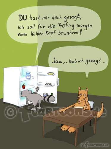 Cartoon: Prüfung (medium) by Frank Zimmermann tagged prüfung,cartoon,schule,ronnie,nick,känguru,kangaroo,raccoon,waschbär,fcartoons,kühlschrank,küche,kitchen,fridge,couple,tisch,stuhl,kopf,müde