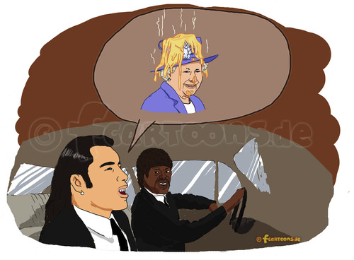 Cartoon: PULP FICTION TALK (medium) by Frank Zimmermann tagged pulp,fiction,talk,roayl,käse,cheese,john,travolta,samuel,jackson,cartoon,caricature,queen,fcartoons