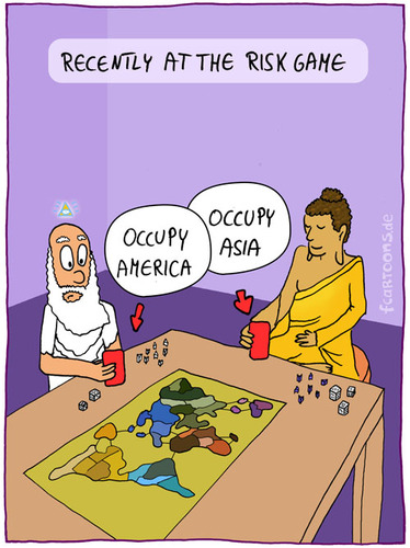 Cartoon: RISK GAME (medium) by Frank Zimmermann tagged america,asia,play,god,buddha,boardgame,game,risk,gott,glaube,risiko,spiel,spielen,karte,würfel,kissen,bart