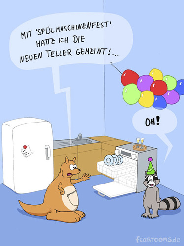 Cartoon: Ronnie und Nick in der Küche (medium) by Frank Zimmermann tagged waschbär,känguru,küche,kühlschrank,ronnie,nick,ballons,party,feier,fridge,plate,kitchen,spülmaschine,teller