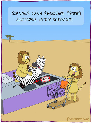 Cartoon: SCANNER CASH REGISTER (medium) by Frank Zimmermann tagged tree,baum,löwen,lions,cartoon,desert,serengeti,zebra,card,cab,shopping,lion,beep,pay,register,cash,scanner,einkaufen,kasse,wüste