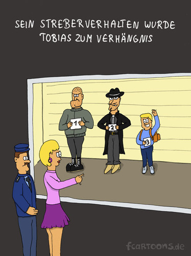 Cartoon: STREBER TOBIAS (medium) by Frank Zimmermann tagged geek,polizei,gegenüberstellung,tobias,mafia,streber