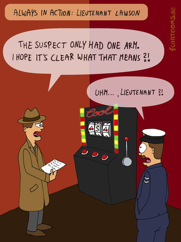 Cartoon: SUSPECT (medium) by Frank Zimmermann tagged suspect,suespected,cartoon,inspector,lieutenant,lawson,policeman,polizist,polizei,automat,slotmachine,light,pub,kneipe