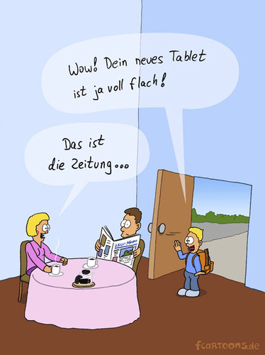 Cartoon: Tablet (medium) by Frank Zimmermann tagged tablet,zeitung,newspaper,computer,sohn,junge,nach,hause,tür,mutter,vater,kaffee,tisch,kaffeezeit,kaffeekanne,ranzen