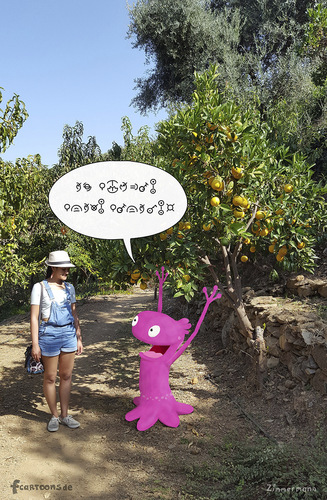 Cartoon: the little alien - is excited (medium) by Frank Zimmermann tagged the,little,alien,baum,begeistert,cartoon,foto,zitrone,excited,lemon,photo,pink,tree