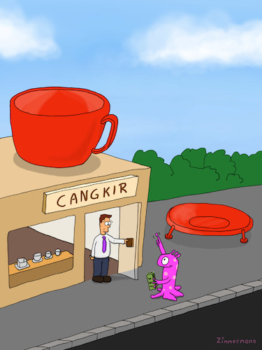 Cartoon: TOKO CANGKIR (medium) by Frank Zimmermann tagged toko,cangkir,alien,mahluk,luar,bumi,membeli,belanja,berwarna,merah,muda