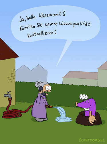 Cartoon: Wasserqualität im Garten (medium) by Frank Zimmermann tagged augen,dutt,wall,mauer,haus,fcartoons,hecke,phone,garden,gießen,schlauch,mutieren,mutant,lila,maulwurf,garten,telefonieren,telefon,oma,wasserqualität