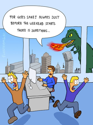 Cartoon: WEEKEND (medium) by Frank Zimmermann tagged weekend,godzilla,monster,office,büro,wochenende,fire,run,angst,panik,cartoon,computer,fenster,wolkenkratzer,skyscraper,attack