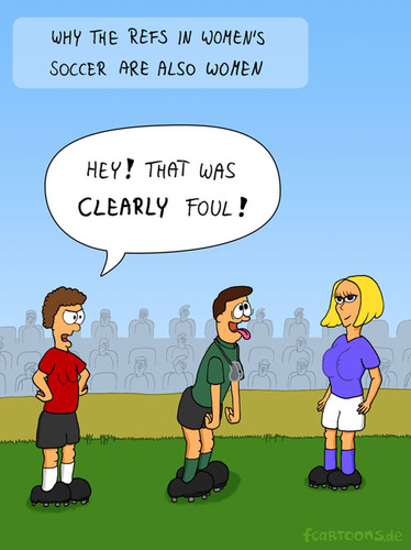 Cartoon: WOMENS SOCCER (medium) by Frank Zimmermann tagged world,cup,women,soccer,foul,blond,girl,ref,referee,schiri,schiedsrichter,frauen,fussball,wm