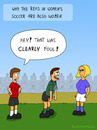 Cartoon: WOMENS SOCCER (small) by Frank Zimmermann tagged world cup women soccer foul blond girl ref referee schiri schiedsrichter frauen fussball wm