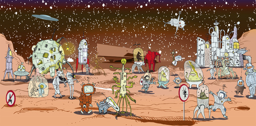 Cartoon: Nelly and Toulouse on Mars (medium) by ali tagged space,mars,nelly,toulouse,raumschiff,phaeno,weltall,adventure,abenteuer,aliens,raumanzug,science,fiction,dog,hund,ausserirdische,raumfahrt,space,mars,nelly,toulouse,raumschiff,phaeno,weltall,adventure,abenteuer,aliens,raumanzug,science,fiction,dog,hund,ausserirdische,raumfahrt