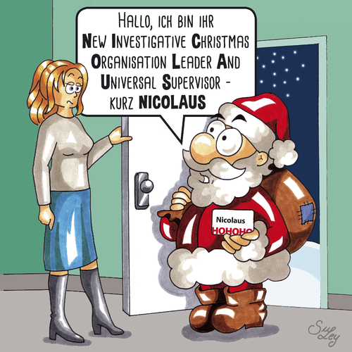 Cartoon: Der anglisierte Weihnachtsmann (medium) by Suley tagged weihnachten,xmas,nikolaus,weihnachtsmann,santa,claus,heilig,abend,christfest,gott,glauben,christ,philosophie,tannenbaum,weihnachtsbaum,christkind,jesus,geburt,knecht,ruprecht,wunder,rentier,elch,anglizismen,management,manager,supervisor,suley