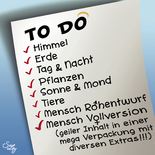 Cartoon: Die göttliche To-do-Liste (medium) by Suley tagged gott,to,do,liste,frauen,schöpfung,genesis,bibel,vatikan,papst,kirche,christen,göttlich,himmel,religion,suley