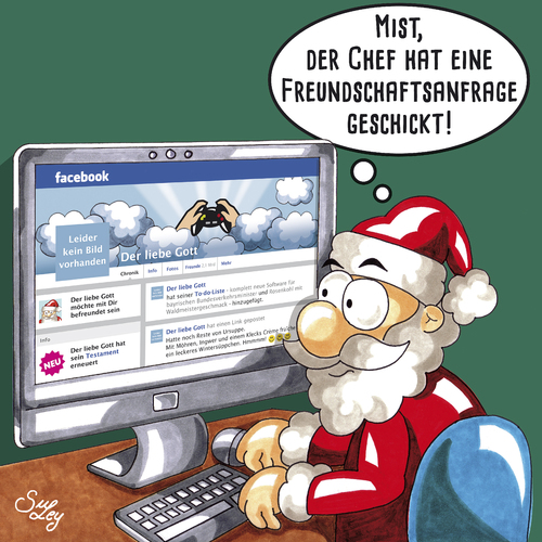 Cartoon: Freundschaftsanfrage (medium) by Suley tagged weihnachten,xmas,nikolaus,weihnachtsmann,santa,claus,heilig,abend,christfest,facebook,gott,glauben,christ,social,network,netzwerk,tannenbaum,weihnachtsbaum,christkind,jesus,geburt,knecht,ruprecht,wunder,rentier,elch,suley