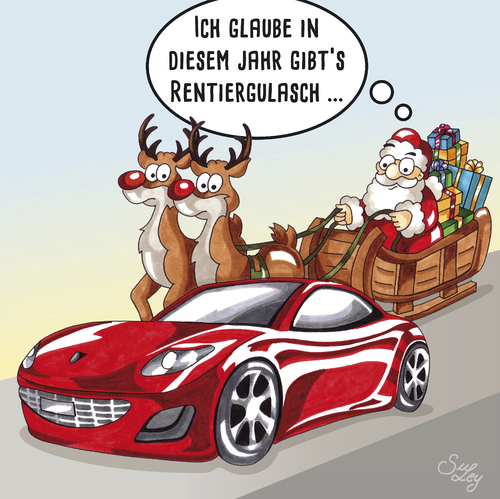 Cartoon: Rentiergulasch (medium) by Suley tagged weihnachten,xmas,nikolaus,weihnachtsmann,santa,claus,heilig,abend,christfest,tannenbaum,weihnachtsbaum,christkind,jesus,geburt,knecht,ruprecht,schlitten,kufen,rentier,elch,sportwagen,auto,suley