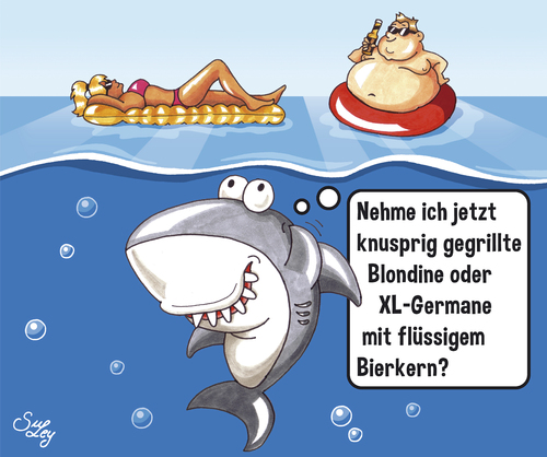 Cartoon: Tagesmenü (medium) by Suley tagged suley,hunger,badeurlaub,paddeln,blondine,essen,fisch,schwimmen,wasser,see,meer,hitze,ferien,urlaub,sommer,hai