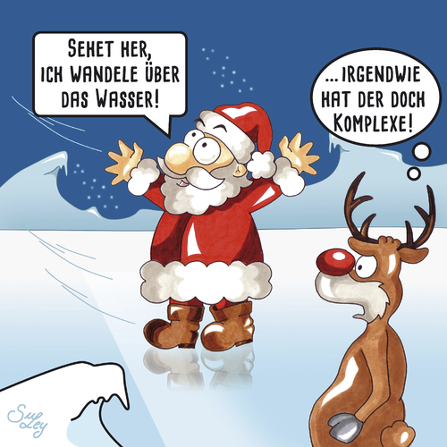 Cartoon: Übers Wasser wandeln (medium) by Suley tagged weihnachten,xmas,nikolaus,weihnachtsmann,santa,claus,heilig,abend,christfest,tannenbaum,weihnachtsbaum,christkind,jesus,geburt,knecht,ruprecht,wasser,see,wunder,rentier,elch,suley