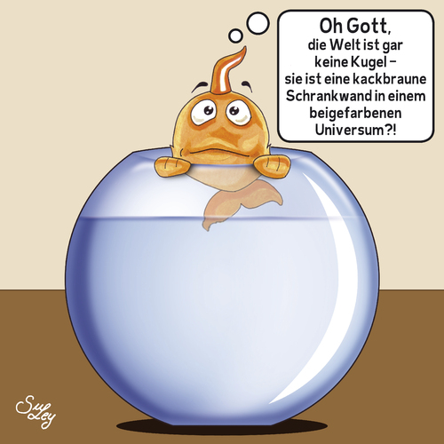 Cartoon: Universum (medium) by Suley tagged karikatur,cartoon,global,universum,all,ursuppe,schöpfung,erde,welt,weltall,globus,kugel,fisch,goldfisch,aquarium,flosse,philosophie,religion,erkenntnis,gott,himmel,sterne,sonne,illustration,wasser,suley