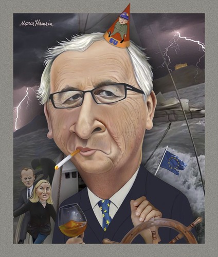 Cartoon: Jean-Claude Juncker. (medium) by Maria Hamrin tagged caricature,jose,manuel,barroso,federica,mogherini,donald,tusk,cognac,cigarette,greece