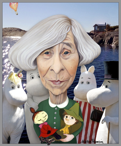 Cartoon: Tove Jansson and the Moomins. (medium) by Maria Hamrin tagged caricature,mumintrollen,lillamy,snusmumriken,handbag,ballon,archipelago,finland