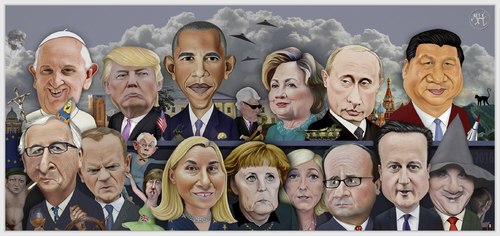 Cartoon: World leaders. (medium) by Maria Hamrin tagged pope,trump,obama,clinton,putin,xi,jin,ping,barroso,junker,tusk,rompuy,ashton,mogherini,merkel,le,pen,hollande,cameron,löfven