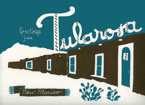 Cartoon: Greetings from Tularosa (medium) by Octavine Illustration tagged art,deco,postcard,adobe,new,mexico,tularosa,mountains,desert,cowboy,cactus