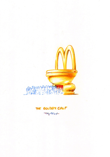 Cartoon: golden calf (medium) by Robert Hochstaedter tagged mcdonalds,fastfood,ernährung,fett,dicke,adipositas,obesity,overweight,übergewicht,excess,weight,fettleibig,nutrition,schlecht,essen,grossküche