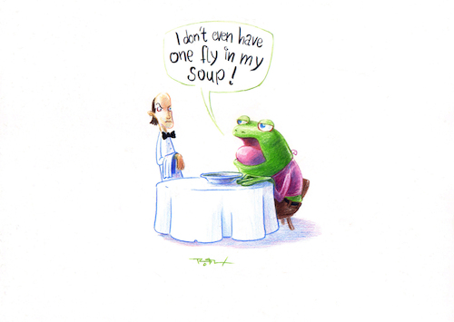 Cartoon: unfortunately no fly (medium) by Robert Hochstaedter tagged frosch,frog,essen,gastronomie,fliegeindersuppe,suppe,restaurant,fly,ober,waiter