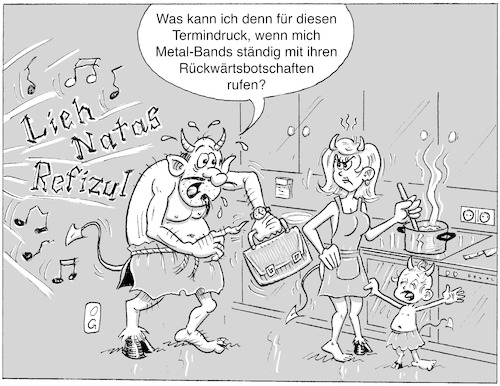 Cartoon: Rückwärtsbotschaft (medium) by Oliver Gerke tagged rückwärtsbotschaft,heavy,metal,satan,luzifer,hölle,termine,termindruck,stress,teufel,musik,schallplatten,rückwärts,abspielen