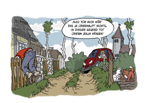 Cartoon: Öde Gegend (medium) by Steffen Elbing tagged dorf,tod,zaun,fuchs,hase