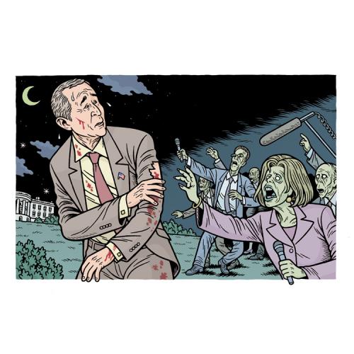 Cartoon: Bush vs. Zombie Press Corps (medium) by Danny Hellman tagged politics,president,political,bush,caricature,horror