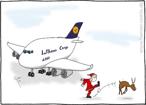 Cartoon: A380 Cargo (medium) by Hannes tagged xmas,christmas,weihnachten,joyeuxnoel,a380,lufthansa,airbus,flugzeug,plane,avion,cargo,santa,weihnachtsmann,rentier,rendeer,rudolph,fracht