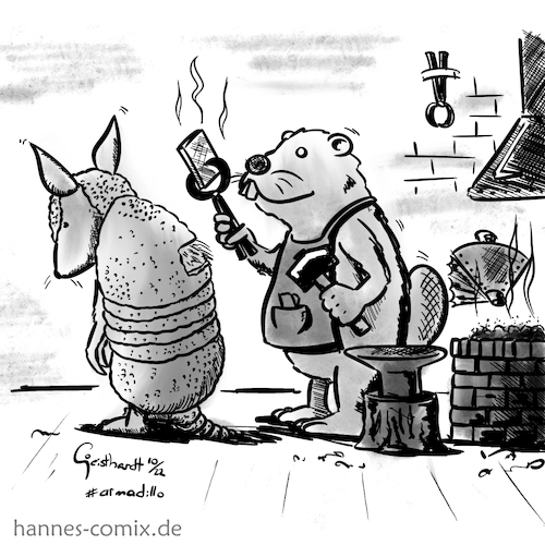 Cartoon: armadillo (medium) by Hannes tagged armadillo,beaver,blacksmith,gürteltier,biber,schmied,workshop
