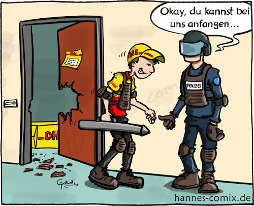 Cartoon: DHL-SEK (medium) by Hannes tagged dhl,ups,dpd,paketdienst,zustellung,polizei,sek,rammbock,nichtzuhause,paket,jobangebot,parcel,delivery,postman,police,job,joboffer