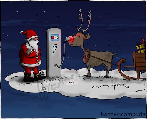 Cartoon: E-Rentier (medium) by Hannes tagged xmas,christmas,merrychristmas,santa,santaclaus,weihnachten,weihnachtsmann,rentier,rendeer,rudolphtherednosedreindeer,rudolph,ecar,elektroauto,electriccar,charger,tesla